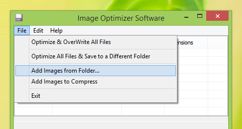 Screenshot Displaying Features Offered by File Menu of Image Optimizer